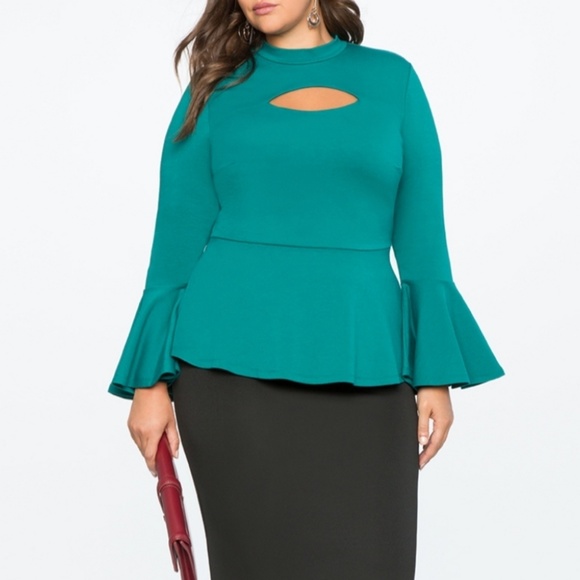 Eloquii Tops - Flare Sleeve Cutout Peplum Top (Green) Eloquii Tops - Flare Sleeve Cutout Peplum Top (Green)